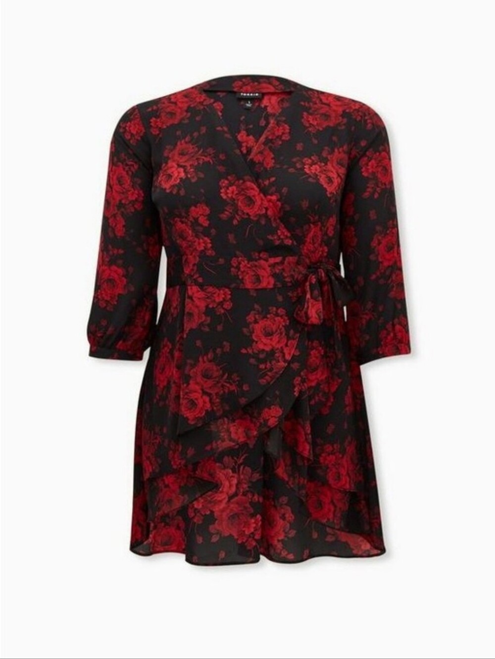 Torrid Black & Red Floral High-low Wrap Georgette Tunic Blouse.